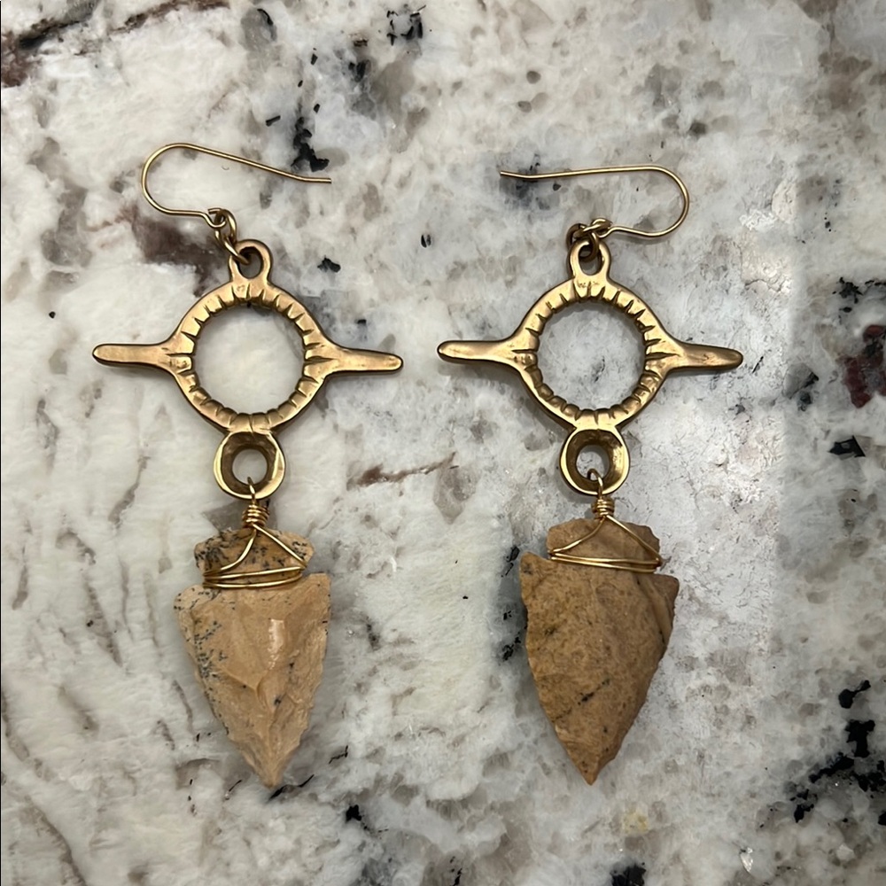 Bohemian Gold and Tan Arrowhead Earrings